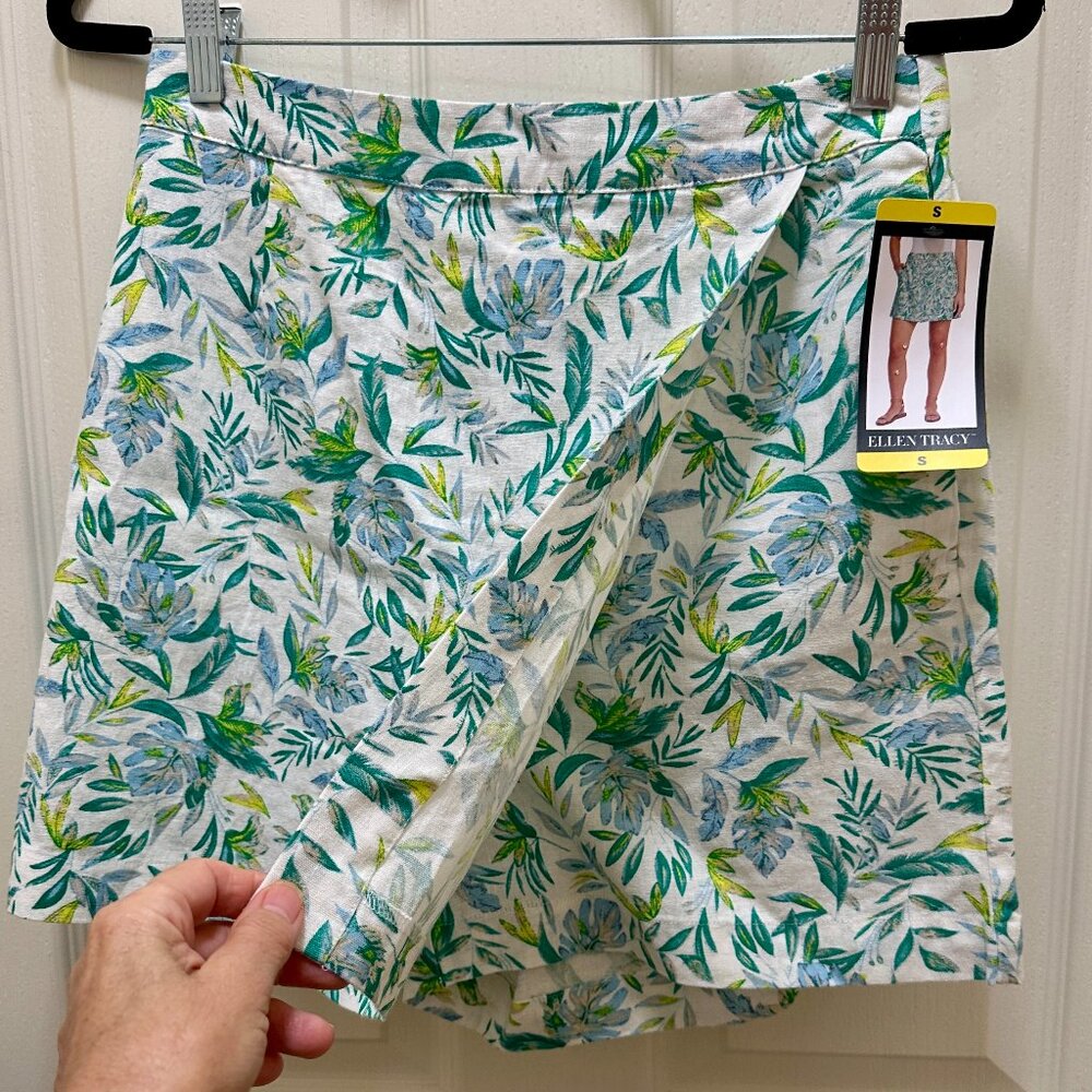 Ellen Tracy Women's Linen Blend Skort Size S Green Tropical Boho Feminine
